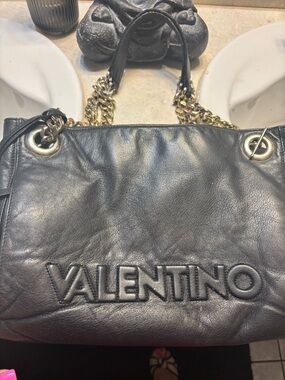 Valentino Black Leather Shoulder Bag with Gold Chain Handles